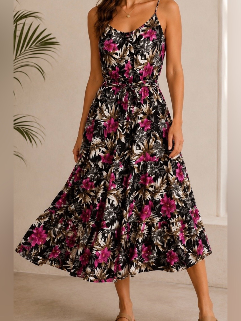 Wild Jasmine Tropical  Dress 2XL Midi Black Spaghetti Strap